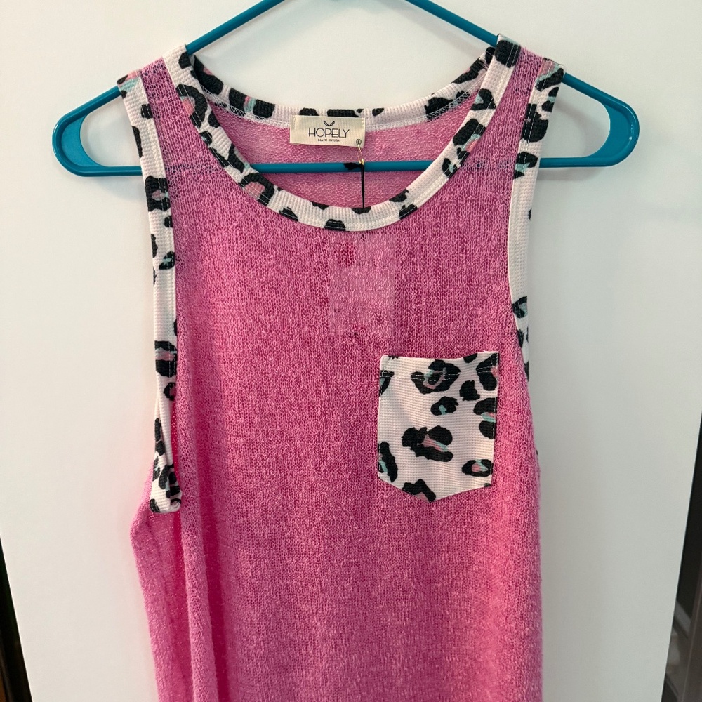 Boutique pink sleeveless top with fun leopard trim detail, Size L (fits 6-8)